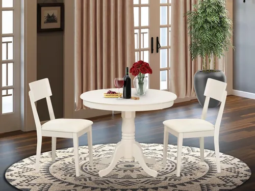 Vista 2 de East West Furniture ANAD3-LWH-LC - Juego de mesa y sillas de cocina de 3 piezas contiene una mesa de comedor redonda con pedestal y 2 sillas