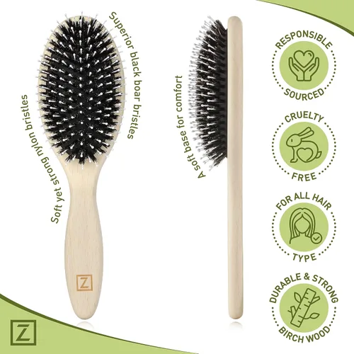 Vista 4 de Cepillo de cerdas de jabalí natural para mujeres, hombres y niños; cepillo desenredante seco y húmedo mejora suavemente el brillo, suaviza