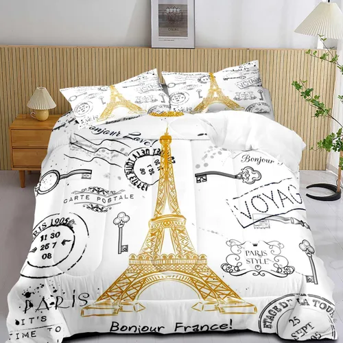 Vista 14 de LUVIVIHOME Juego de edredón de París de 2 piezas, tamaño individual, juego de ropa de cama de la Torre Eiffel francesa, juego de ropa de cama