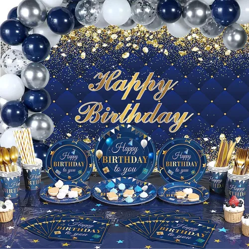 Vista 6 de Renaiss Telón de Fondo Banner de Feliz Cumpleaños de 5x3 pies Diamantes Reales Dorado Azul Fondo de Fotografía para Hombres Mujeres Fiesta