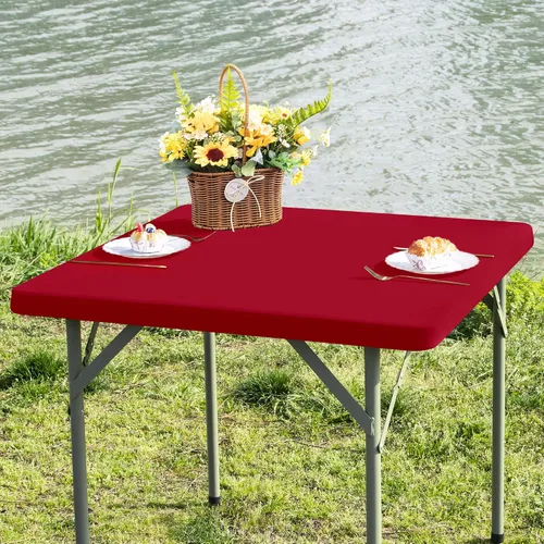 Vista 22 de Mantel de mesa rectangular de 4 pies con ajuste elástico, mantel de elastano elástico de 4 pies para mesas de comedor, para interiores y exteriores