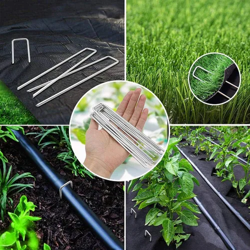 Vista 3 de Zerodis 50 clavos de tierra de jardinería, estacas de acero inoxidable, reutilizables, oblicuos, recortes, estacas de tierra para fijar telas
