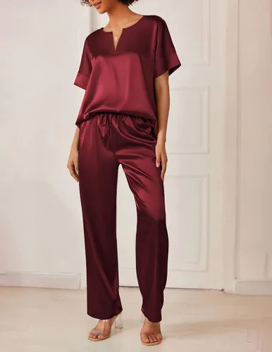 Vista 2 de Ekouaer Satin Pajama Set Womens Silk Short Sleeve V Neck Shirt with Long Pant Soft Pjs Set
