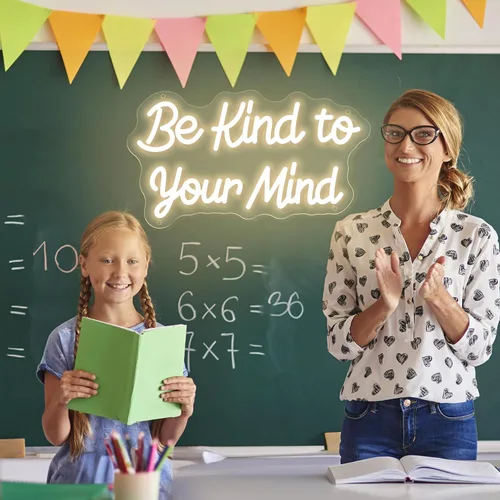 Vista 4 de Letrero de neón "Be Kind to Your Mind" luces de neón regulables LED para decoración de pared, palabras de aliento de neón USB, letreros de neón BKTM
