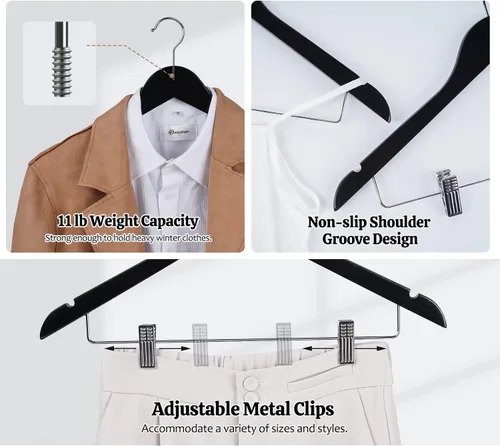 Vista 4 de HOUÍSM - Perchas de madera con clips, perchas resistentes para pantalones y faldas, perchas de madera maciza para pantalones, jeans, ropa