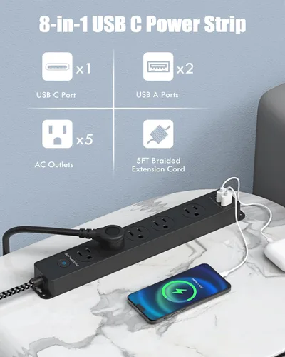 Vista 2 de AUOPLUS - Regleta protectora de sobretensiones con puertos USB C, cable de extensión trenzado de 5 pies, 5 salidas y 3 puertos USB (1 USB C)