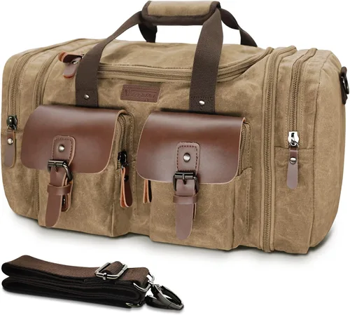 Vista 13 de Wildroad Bolsa de viaje de lona de 50L, bolsa de lona expandible de cuero genuino, bolsa de fin de semana mejorada para una noche, bolsa de mano