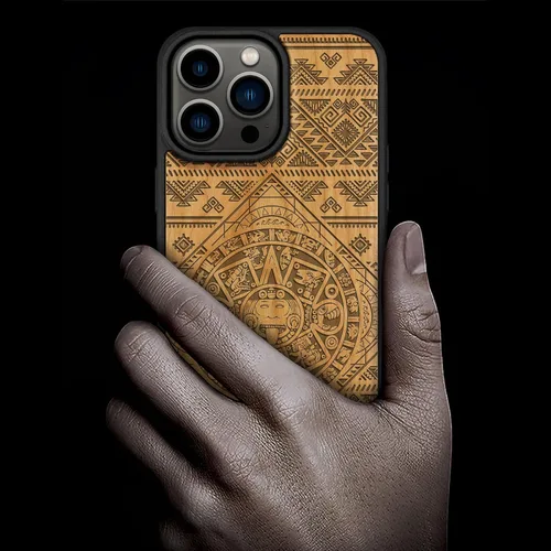 Vista 2 de Carveit - Funda de madera para iPhone 15 Pro Max, calendario azteca, cereza Magnetic iPhone 15 Pro Max Case Compatible with MagSafe Wireless