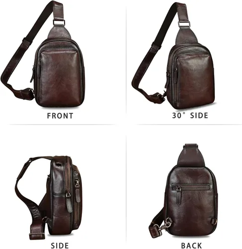 Vista 5 de LRTO Bolso bandolera pequeño de cuero genuino para mujeres y hombres, bolsa cruzada para el pecho, mochila para senderismo, deportes, viajes