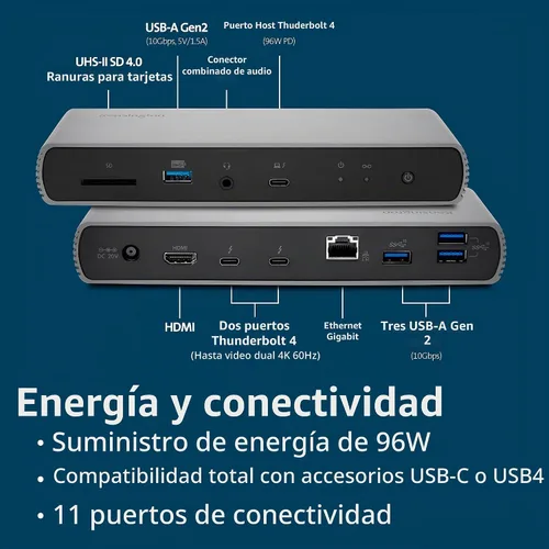 Vista 3 de Kensington SD5780T Thunderbolt 4 Estación de acoplamiento dual 4K con entrega de energía de hasta 100 W y lector de tarjetas SD, puertos HDMI
