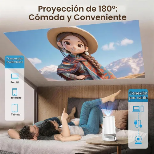 Vista 4 de Mini proyector con Wifi 6 y Bluetooth 5.4, proyector portátil inteligente 4K, Android 14 y 400 ANSI, enfoque automático y Keystone, proyector Blanco
