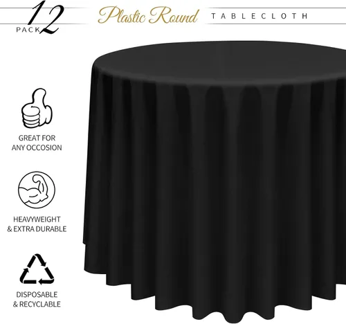 Vista 2 de YMHPRIDE Paquete de 12 manteles de plástico desechables, manteles desechables negros de 60 pulgadas para mesas redondas, manteles de plástico
