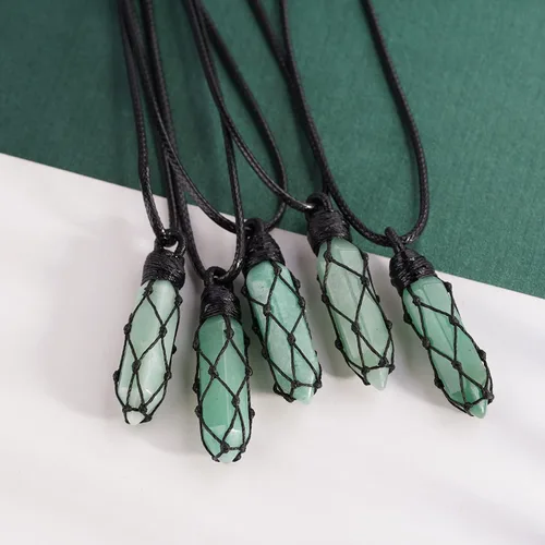 Vista 2 de Black Obsidian Healing Crystal Points Necklace Adjustable Rope Hexagonal Wrapped Braided Stone Pendant Necklace Handmade Gemstone Jewelry for Men