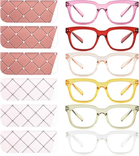 Vista 15 de Paquete de 6 lentes de lectura de moda para mujeres y hombres, bloqueo de luz azul, lectores cuadrados de gran tamaño con bisagra de resorte