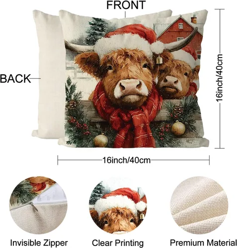 Vista 3 de Juego de 4 fundas de almohada de Navidad con diseño de vaca de las tierras altas, estilo campestre, vintage, para el hogar, sofá, sala de estar