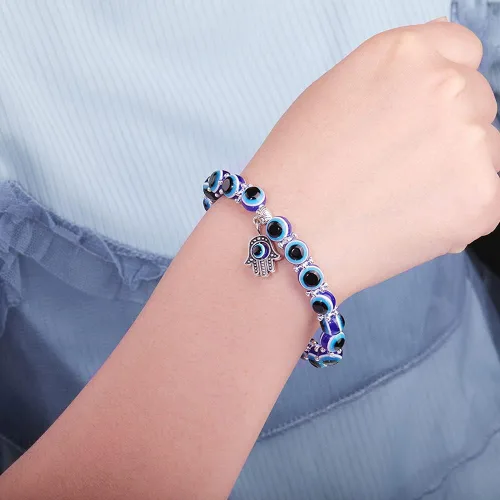 Vista 2 de SUMMER LOVE Pulsera elástica de ojo turco Hamsa con cuentas azules y cuentas para protección y bendición de mano de Fátima