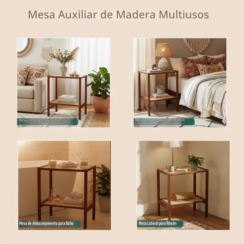 Vista 6 de Tiita Mesa auxiliar de ratán, mesita de noche de mediados de siglo, mesas de noche de bambú de 2 niveles, mesas de café de cristal, mesa auxiliar
