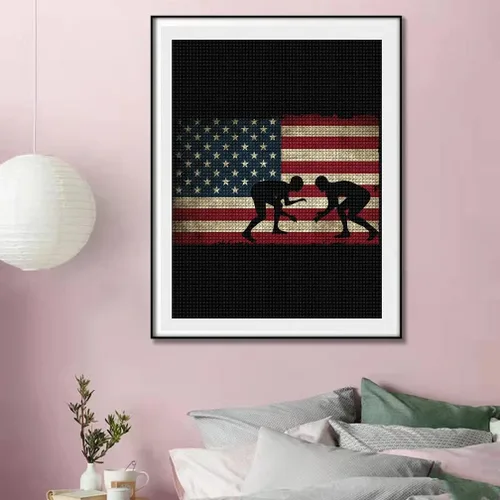 Vista 2 de DVWIVGY Kit de pintura de diamantes de lucha libre con bandera de Estados Unidos, 5D, taladro completo, puntos de diamante, pintura, imagen, arte
