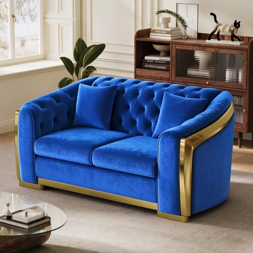 Vista 17 de DAMAIFROM Sofá Chesterfield moderno de mediados de siglo, sofá de terciopelo de 62" blanco y dorado, sofá biplaza curvo de lujo para sala de estar