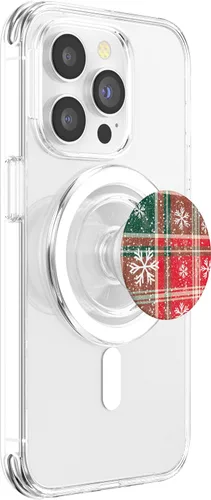 Vista 3 de PopSockets MagSafe PopGrip con patrón de cuadros navideños rojos y verdes y copos de nieve para iPhone