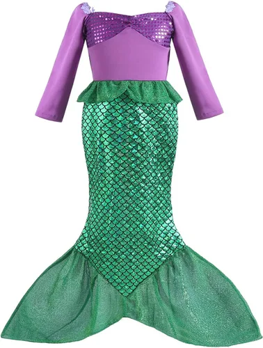 Vista 2 de Disfraz de sirena Ariel para niñas, disfraz de Halloween, cosplay, fiesta de cumpleaños con diadema, peluca, collar