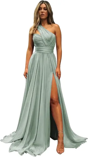 Vista 5 de Clothfun Vestidos de fiesta de un hombro para mujer, con bolsillos, abertura larga, acampanados, plisados, de gasa, vestidos de noche formales