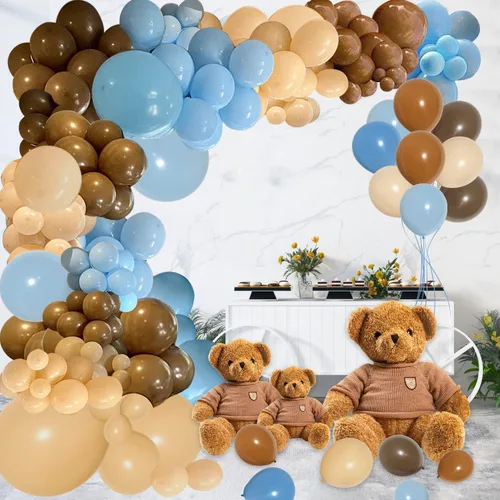 Vista 8 de PERPAOL 147 globos de café azul y marrón y 151 globos marrones para decoración de fiesta de cumpleaños de oso de peluche