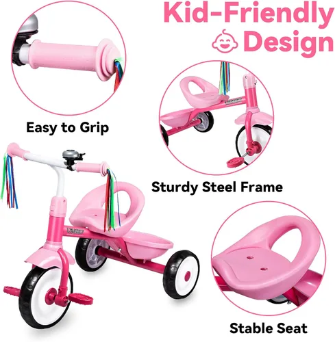 Vista 3 de Liberry Triciclo para niños de 2, 3 y 4 años, triciclo para niños con campana, cesta trasera y pedal extraíble, bicicleta de 3 ruedas, juguetes