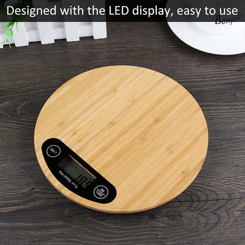 Vista 3 de Gavigain - Báscula digital redonda de bambú con 6 unidades, pantalla LCD, función de tara, báscula de alimentos de cocina de hasta 11.0 lbs