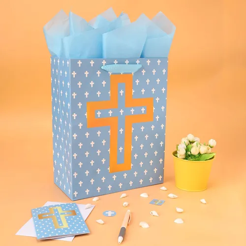 Vista 5 de Juego de bolsa de regalo azul grande de 13 pulgadas con tarjeta de felicitación y papel de seda (diseño de cruz de aluminio), papel de seda