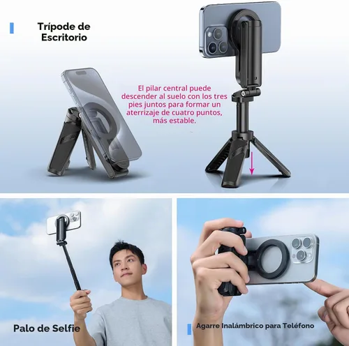 Vista 3 de ULANZI JJ03 - Mini trípode magnético para teléfono con control remoto, 3 en 1 de bolsillo para selfie, soporte de trípode extensible de rotación