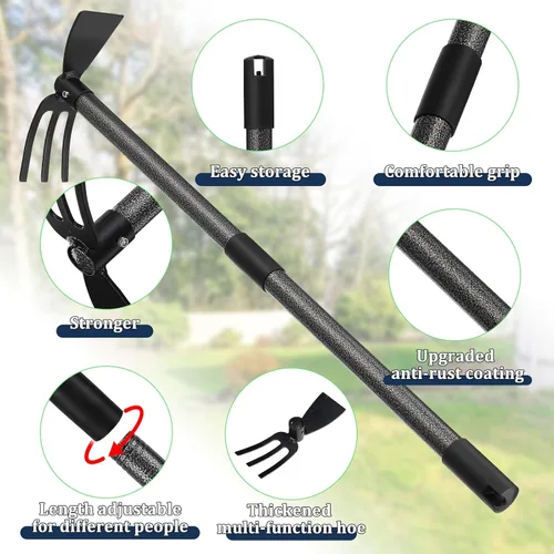 Vista 6 de Herramienta multiusos de azada de jardín, resistente ajustable (16 a 30 pulgadas) con mango ergonómico, acero recubierto antioxidante