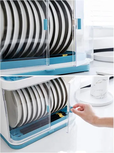 Vista 4 de Escurridor de platos, escurridor de platos con cubierta, escurridor de platos de plástico a prueba de polvo, bandeja de goteo extensible, tabla