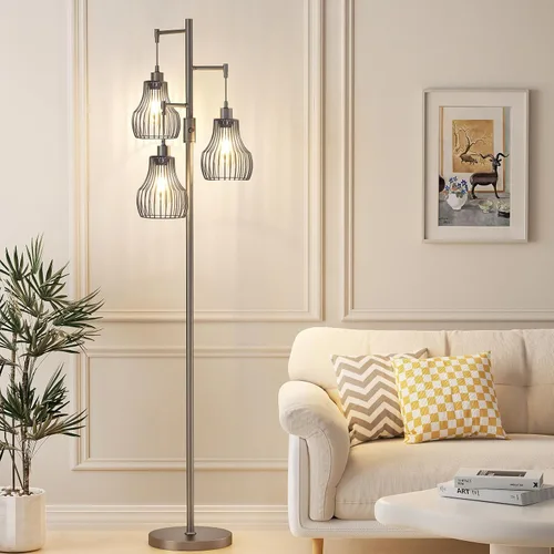 Vista 9 de Ziisee Lámparas de pie regulables para sala de estar, lámparas altas de pie industriales con forma de árbol con 3 elegantes pantallas de jaula