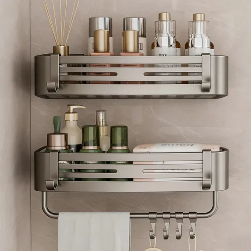 Vista 10 de Estante esquinero de ducha con ventosa, sin agujeros con toallero y gancho, estante de almacenamiento de baño gris, estantes triangulares sin