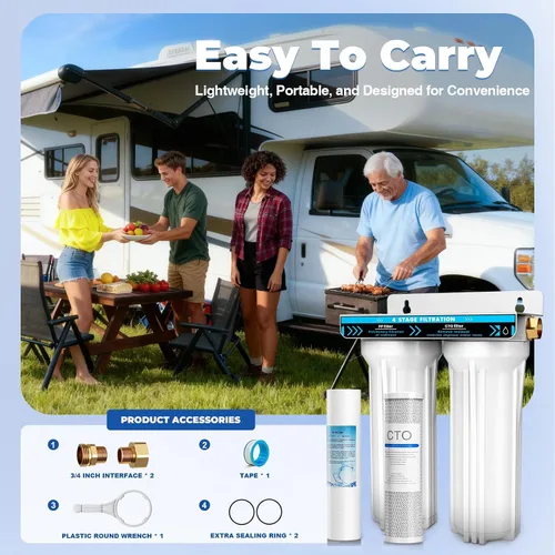 Vista 3 de Sistema de filtro de agua doble para RV, sistema de filtración de agua de 4 capas y 2 etapas, elimina sedimentos, cloro, metales pesados, olores