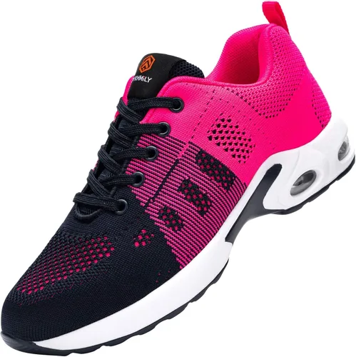 Vista 6 de FENLERN - Zapatos con punta de acero para mujer, tenis de seguridad ligeros con amortiguación de aire, zapatos de trabajo resistentes, fáciles