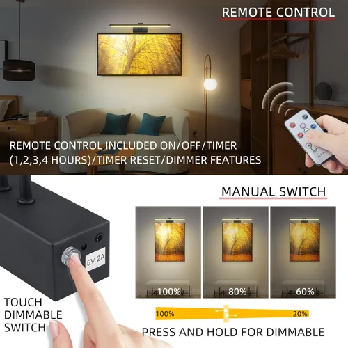 Vista 2 de FUNCHDAY Luz para Cuadros, Luces de Arte a Batería para Pared, Luz Inalámbrica con Control Remoto para Pinturas con Temporizador y Regulable