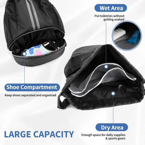 Vista 3 de Mochila de gimnasio con cordón y compartimento para zapatos, para fútbol, baloncesto, natación, resistente al agua, mochila de playa para mujeres