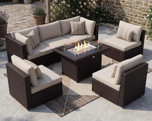 Vista 20 de NICESOUL Juego de muebles de patio de ratán extra grande con mesa para fogata de gas y propano, 29.3 pulgadas, respaldo alto, cómodos conversaciones