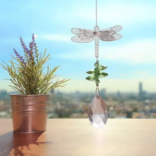 Vista 2 de WEISIPU Prisma atrapasoles de cristal – Atrapasoles de libélula para ventanas colgantes de arco iris, decoración de árbol de Navidad, adorno de Verde