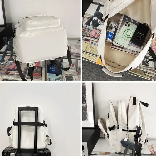 Vista 8 de Bonita mochila estética para la escuela con bonito colgante, mochila casual para estudiantes de medio viaje, universidad, Negro -, Grande, Mochilas