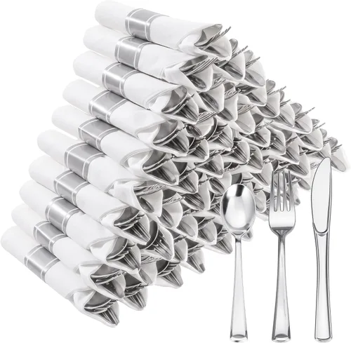 Vista 8 de Goodluck 100 Pack Pre Rolled Gold Plastic Silverware, Wrapped Cutlery