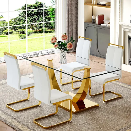 Vista 23 de Juego de mesa de comedor de cristal de 63 pulgadas para 4, mesa de comedor para 4, mesa de comedor con patas y base de acero inoxidable, sillas