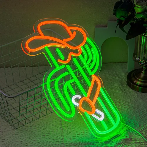 Vista 2 de Letrero de neón de cactus, luz de neón de sombrero de vaquero para decoración de pared, letrero de neón LED de vaquero, luz de neón LED colorida
