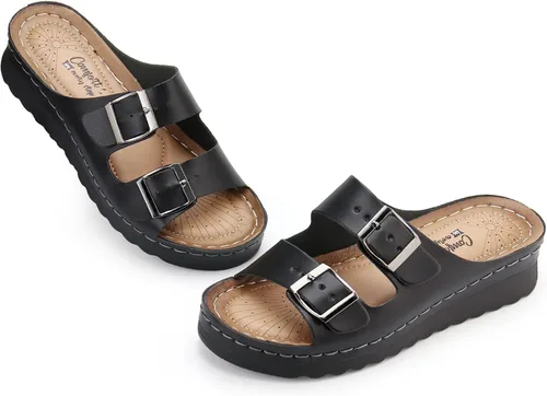 Vista 8 de JABASIC Women Comfort Slides Sandals Double Buckle Adjustable Slip On Platform Sandal