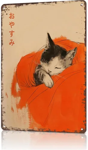 Vista 16 de Cartel de metal con diseño de gato japonés vintage, póster de gato negro comiendo ramen, retro divertido animal comida para amantes de los fideos