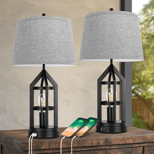 Vista 8 de BesLowe Juego de 2 lámparas de mesa de cristal de 26 pulgadas de alto con 2 puertos de carga USB y luz nocturna LED, lámparas de mesa costeras