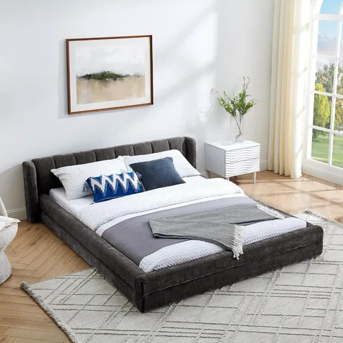 Vista 9 de KLMM Queen Size Upholstered Platform Bed Frame with Thick Fabric,Chenille Fabric Grounded Bed with Headboard and Solid Frame,for Kids Teen Adults