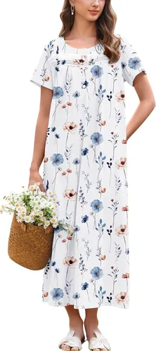 Vista 11 de Ekouaer Camisón para Mujeres de Algodón Camisón Largo de Noche Camisón de Manga Corta con Bolsillos Camisón con Botones Ropa de Dormir Suave